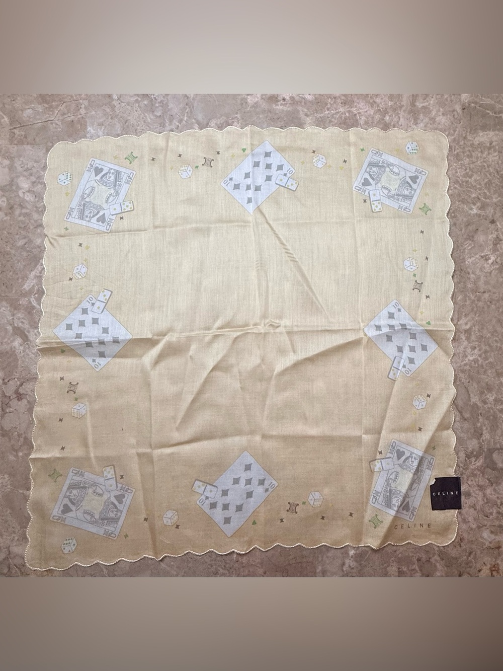 Celine Beige Scarf with Playing Card and Dice Motif